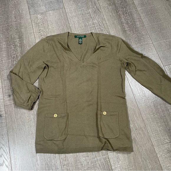 Lauren Ralph Lauren Sweater Top Size S V-neck Olive green - Picture 1 of 7